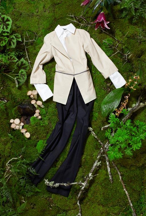 HELIOS & LUNA lambskin jacket with grosgrain trim in bone, $695. PAPERWHITE wing collar satine cotton blouse, $128. ZANELLA fancy solid pant in black, $328.